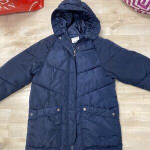 Zara Kids Girls 13-14 Navy Blue Puffer Zipup Long Hooded Parka